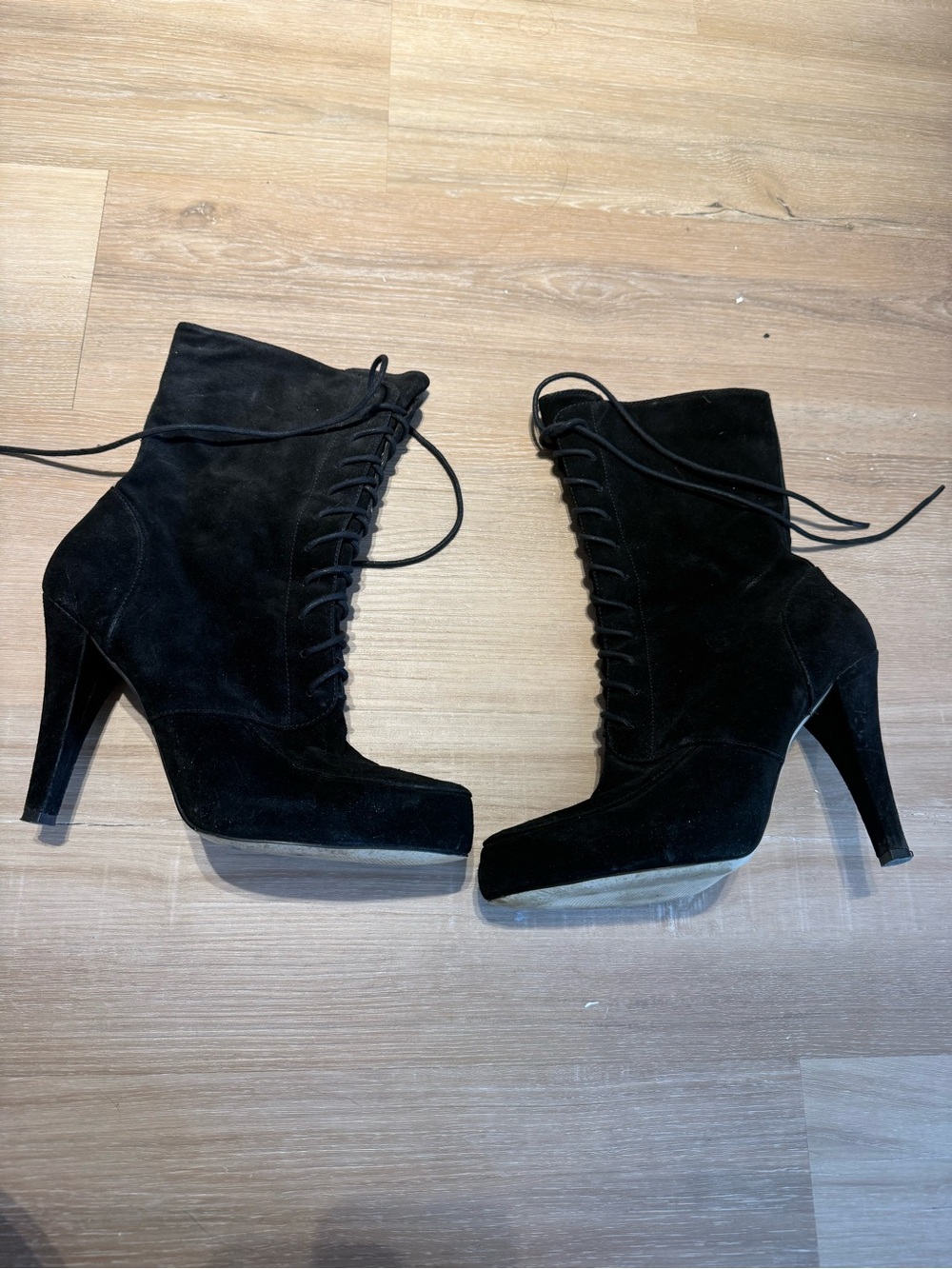 Nine West Black Lace-Up Suede High-Heel Ankle Boots